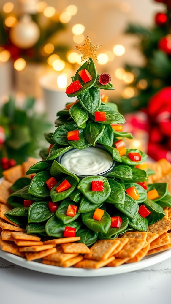 A vibrant spinach Christmas tree appetizer with red and yellow bell pepper decorations, surrounded by crackers and dip on a holiday-themed table.